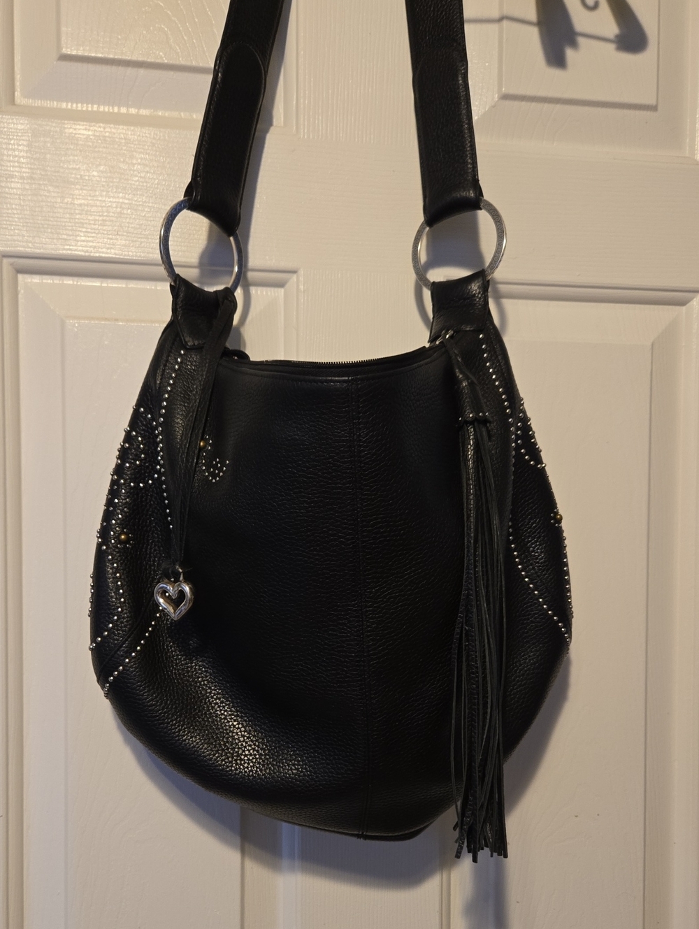 Brighton BREEZE Black Leather Studded Hobo Bag with Tassel